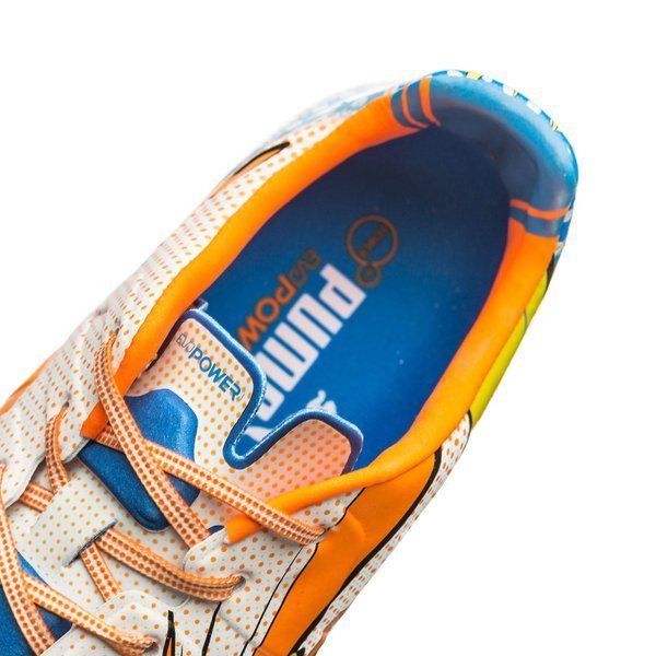 PUMA Evopower 1.2 FG Firm Ground Soccer Cleats - White/Orange Clownfish/Electric Blue Lemonade