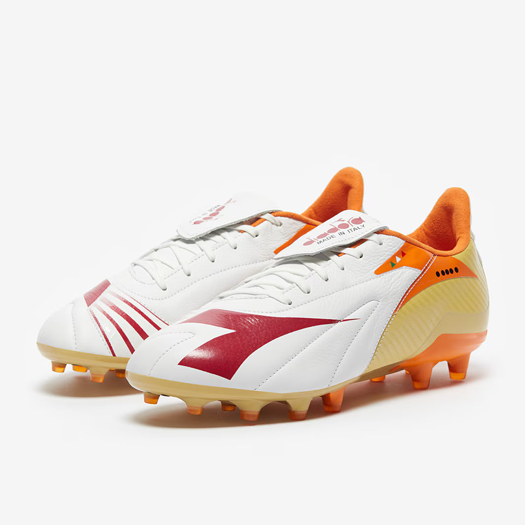 Diadora Maximus Elite Made in Italy SLX FG Firm Ground Soccer Cleats - White/Chili Pepper/Russet Orange