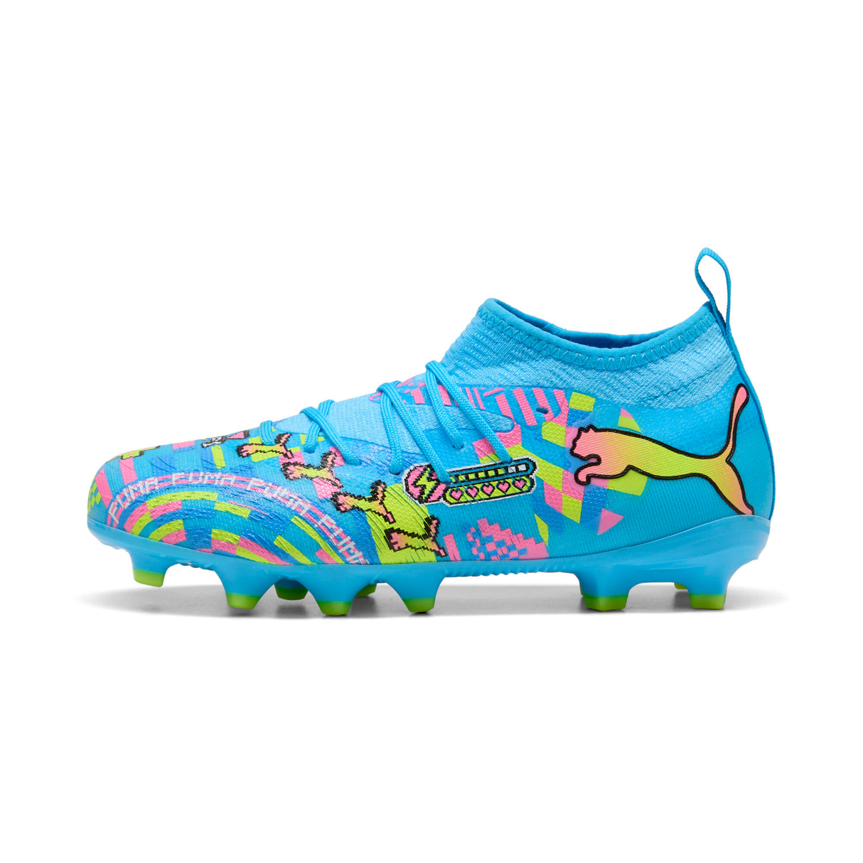PUMA Future 9 Match Advanced Level FG/AG Firm Ground/Artificial Ground Youth Soccer Cleats - White/Blue/Pink/Yellow
