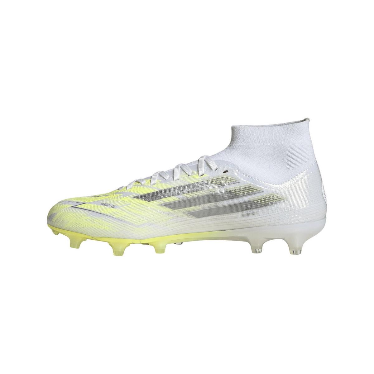 Tacos de fútbol adidas F50 Sparkfusion Pro Mid Cut FG/AG para mujer - Blanco/Hierro/Amarillo
