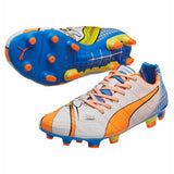 PUMA Evopower 1.2 FG Firm Ground Soccer Cleats - White/Orange Clownfish/Electric Blue Lemonade