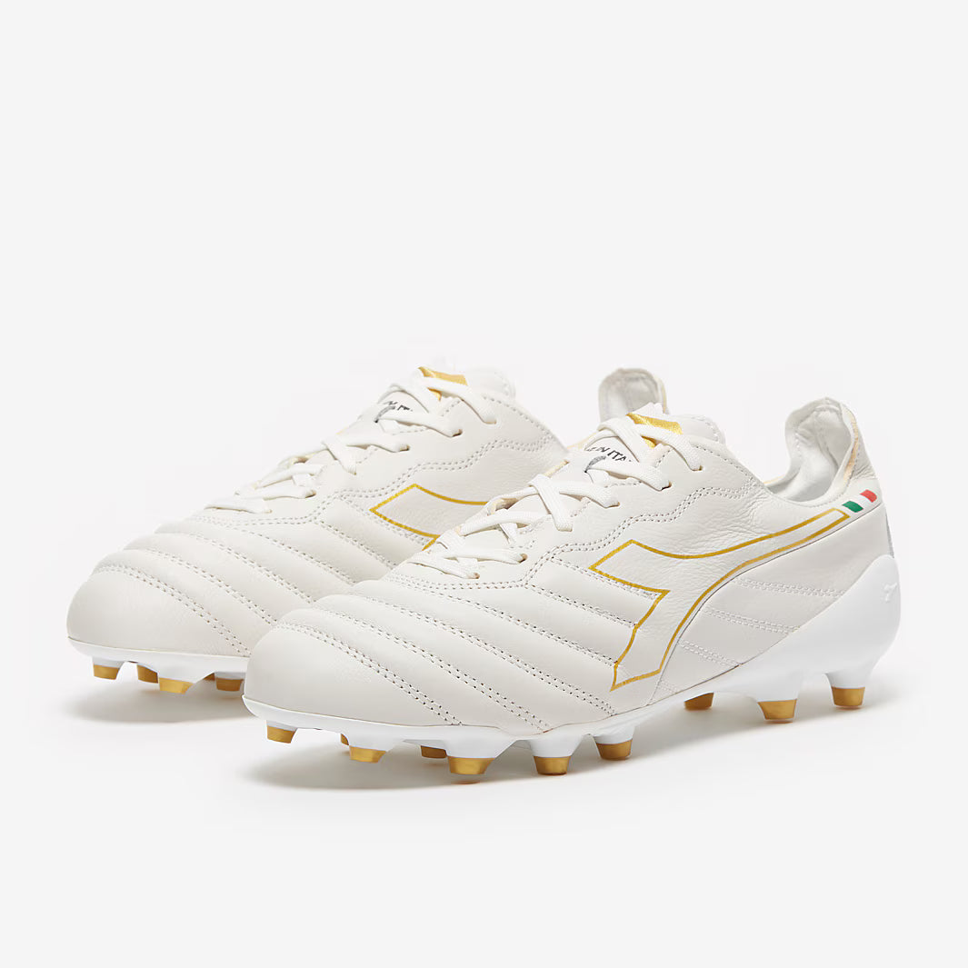 Diadora Brasil Elite Tech Made in Italy LPX FG Botas de fútbol para terreno firme - Blanco/Dorado