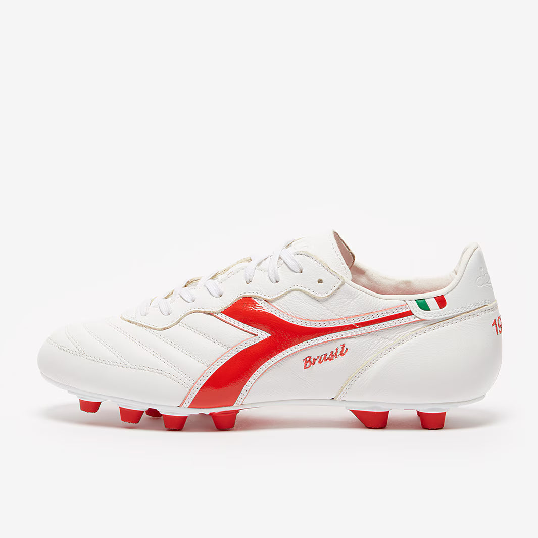 Diadora Brasil Made in Italy OG LT MDU FG Firm Ground Soccer Cleats - White/Milano Red