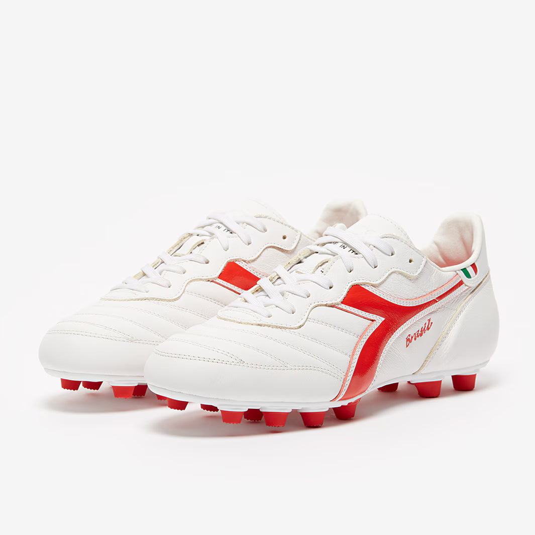 Diadora Brasil Made in Italy OG LT MDU FG Firm Ground Soccer Cleats - White/Milano Red