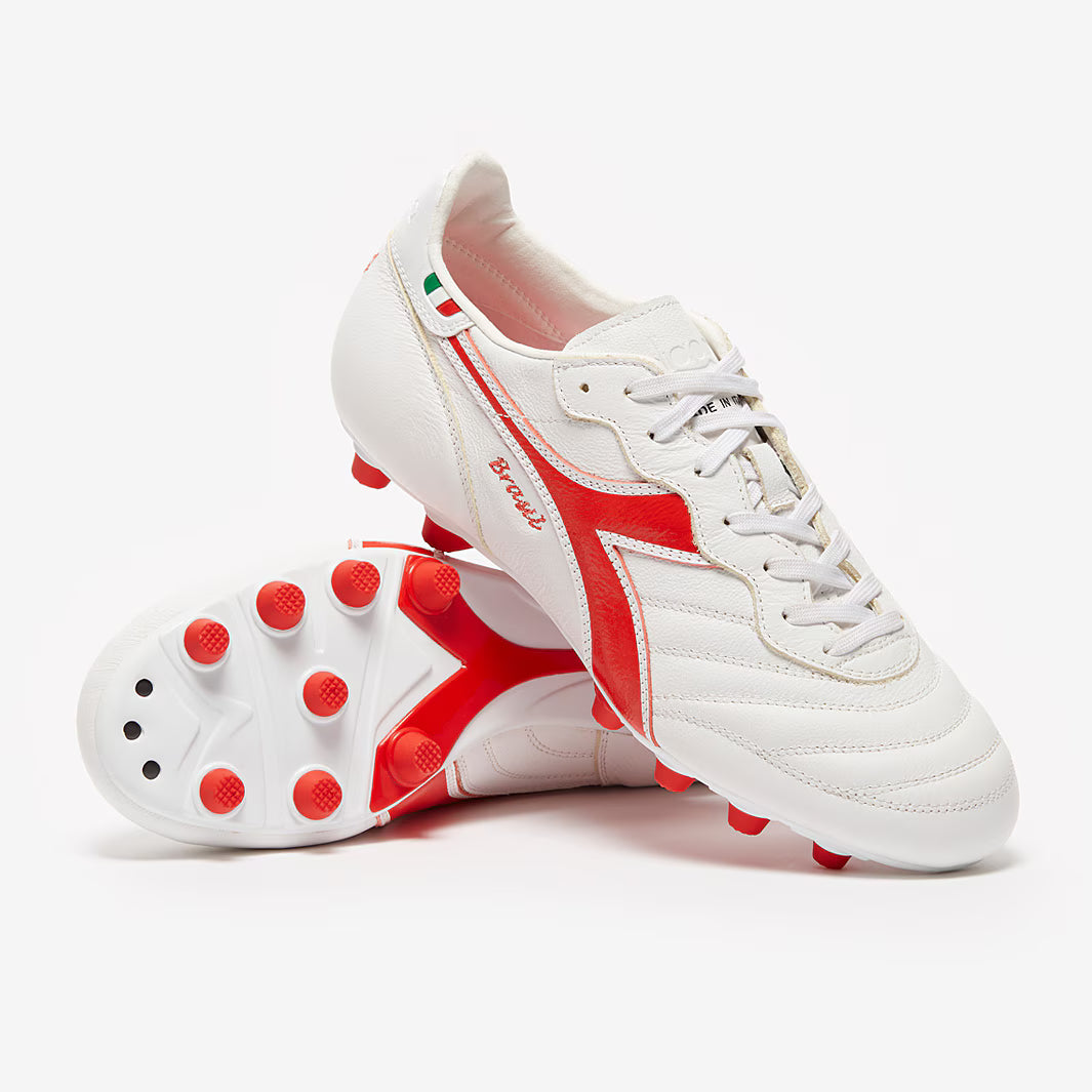 Diadora Brasil Made in Italy OG LT MDU FG Firm Ground Soccer Cleats - White/Milano Red