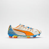 PUMA Evopower 1.2 FG Firm Ground Soccer Cleats - White/Orange Clownfish/Electric Blue Lemonade