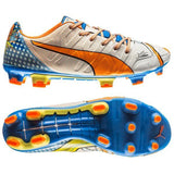 PUMA Evopower 1.2 FG Firm Ground Soccer Cleats - White/Orange Clownfish/Electric Blue Lemonade