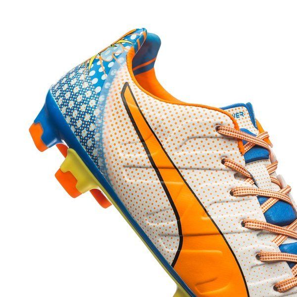 PUMA Evopower 1.2 FG Firm Ground Soccer Cleats - White/Orange Clownfish/Electric Blue Lemonade