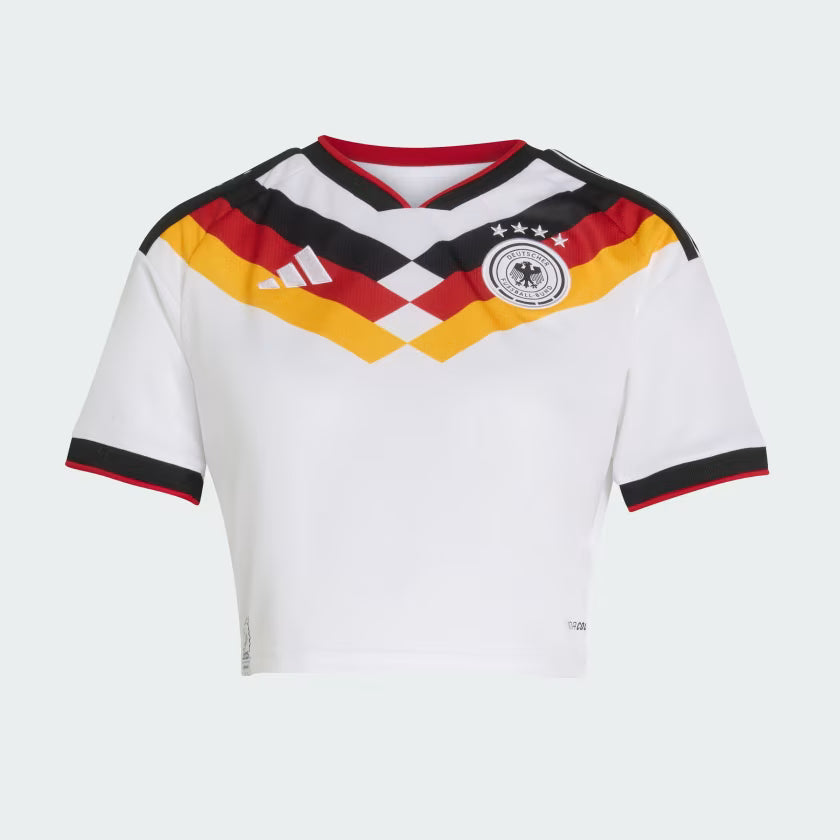 Camiseta de fútbol cropped adidas Alemania para mujer 26 - Blanco