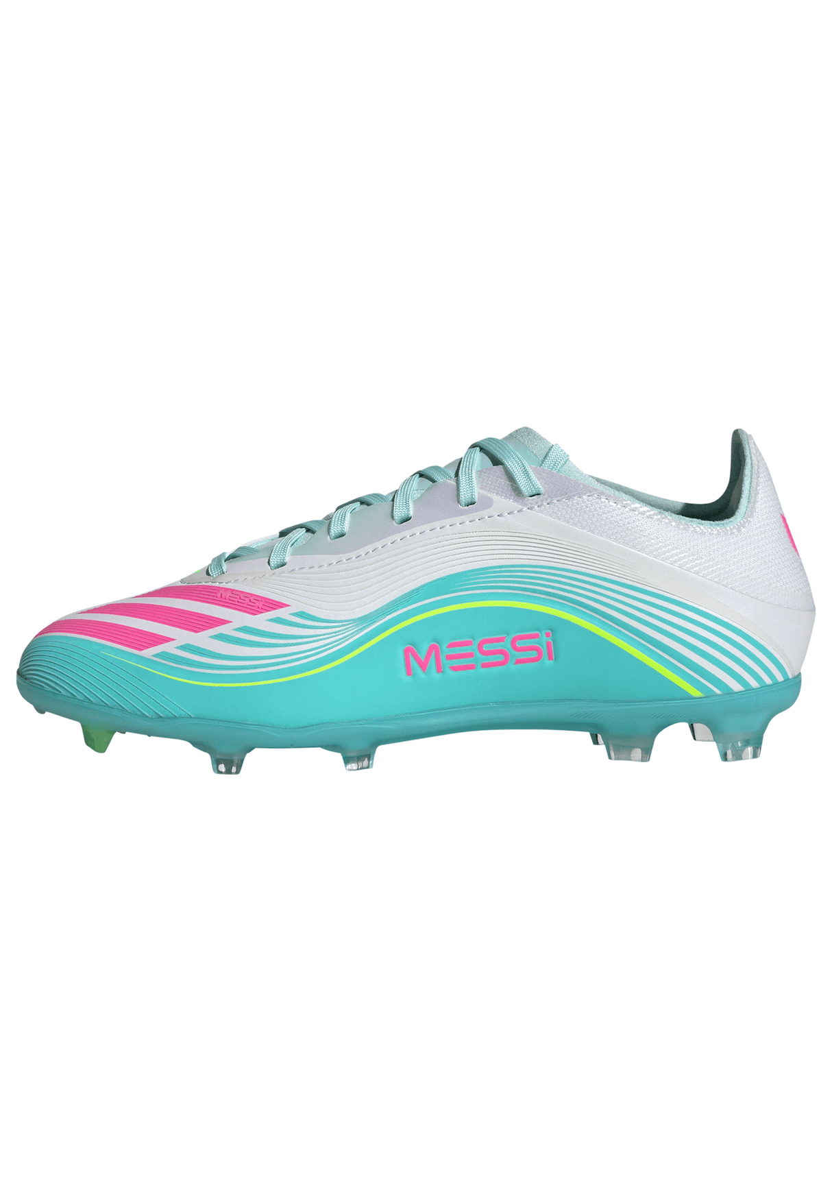 adidas F50 Messi Elite FG Firm Ground Youth Soccer Cleats - White/Pink/Aqua