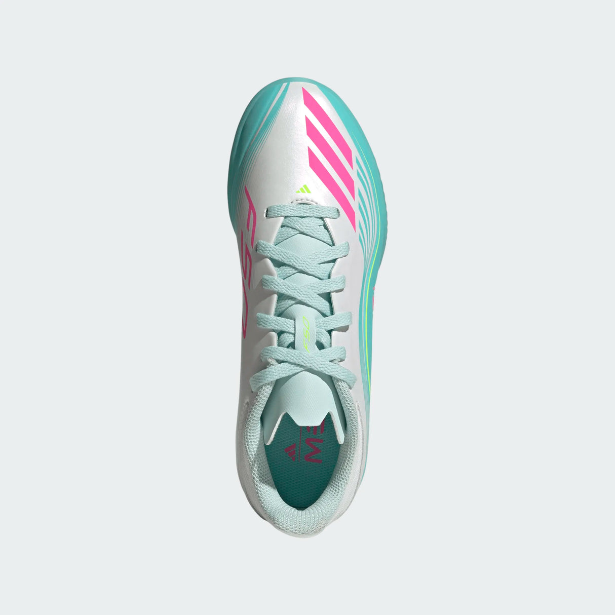 adidas F50 Messi League TF Turf Youth Soccer Cleats - White/Pink/Aqua