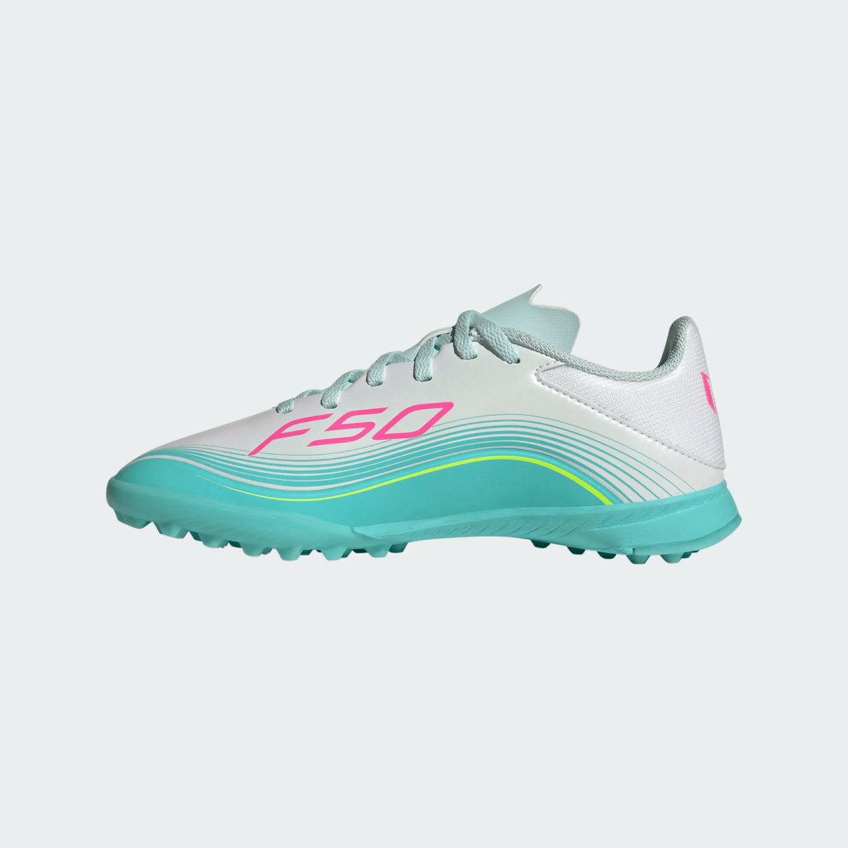 adidas F50 Messi League TF Turf Youth Soccer Cleats - White/Pink/Aqua