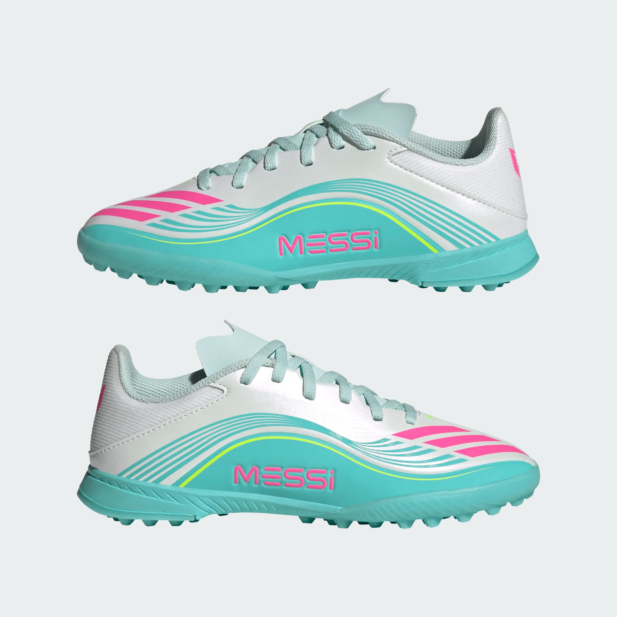 adidas F50 Messi League TF Turf Youth Soccer Cleats - White/Pink/Aqua