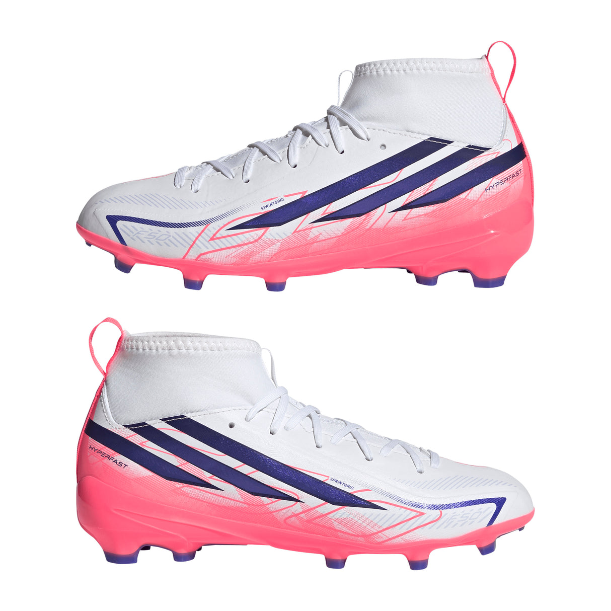 adidas F50 Hyperfast League Mid Firm Ground Youth Soccer Cleats - White/Purple