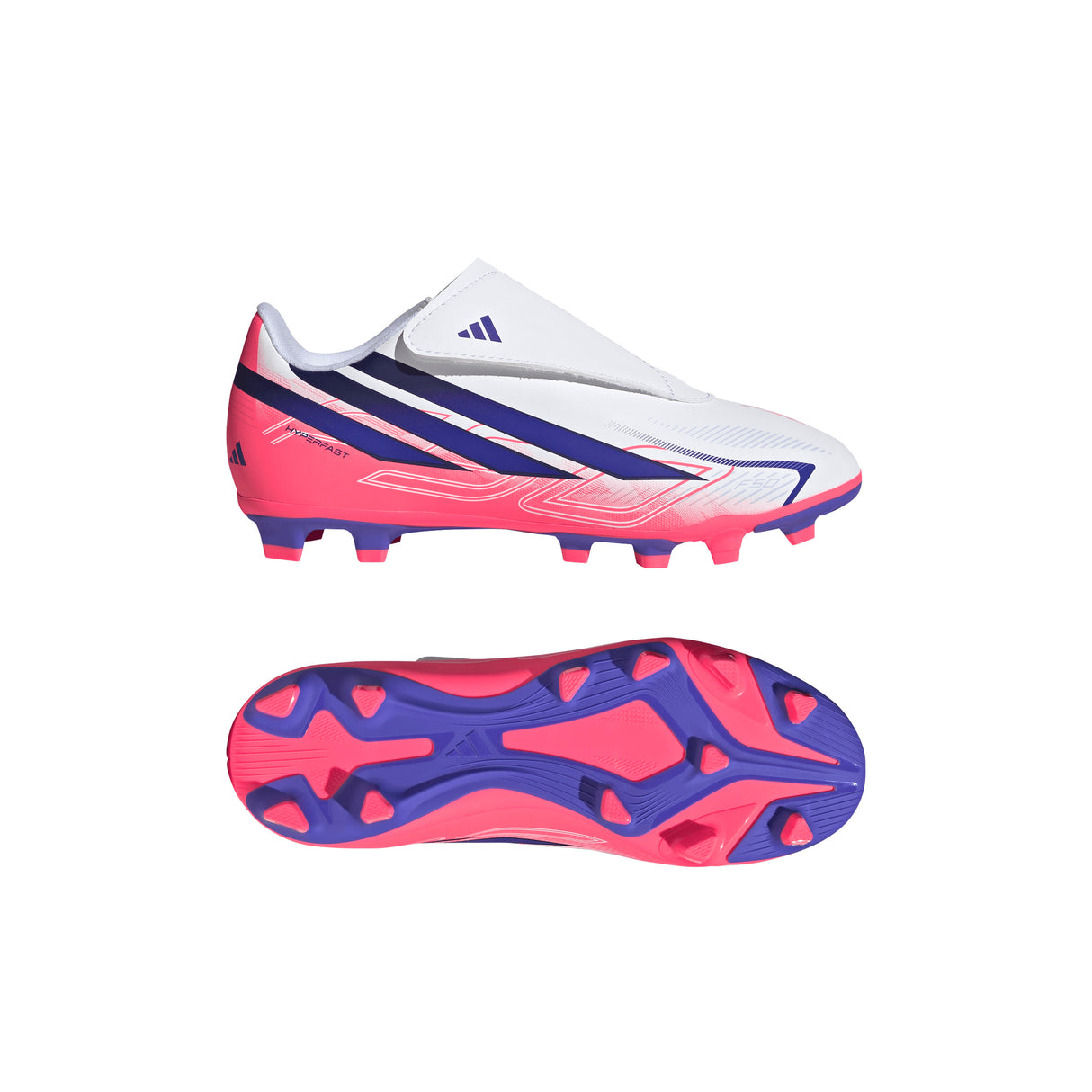 adidas F50 Hyperfast Club Velcro Firm Ground/Multi Ground Youth Soccer Cleats - White/Purple