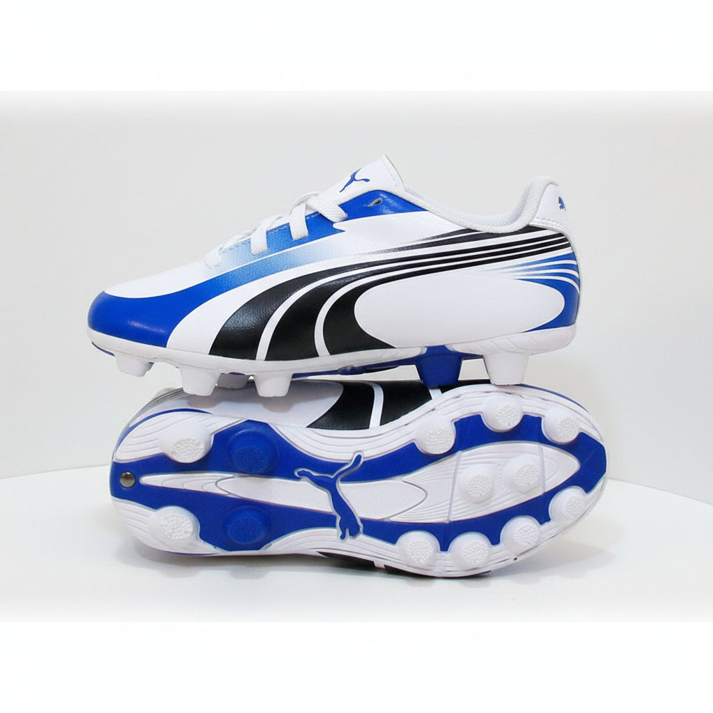 PUMA Excitemo r HG Youth Soccer Cleats - White/Black/Royal