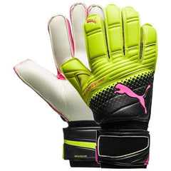 Guantes de portero PUMA Evopower Grip 2.3 RC en color rosa brillante y amarillo de seguridad