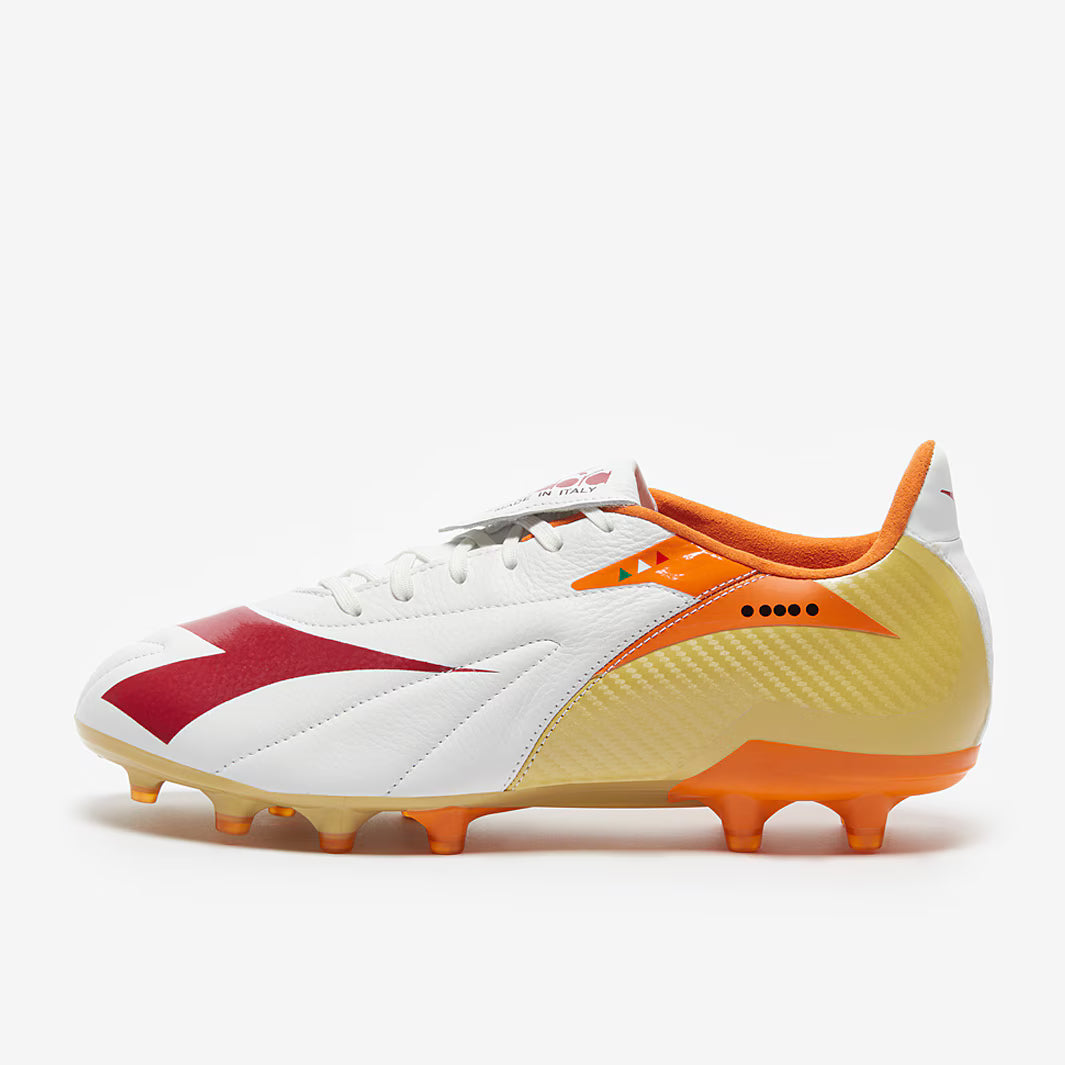 Diadora Maximus Elite Made in Italy SLX FG Firm Ground Soccer Cleats - White/Chili Pepper/Russet Orange