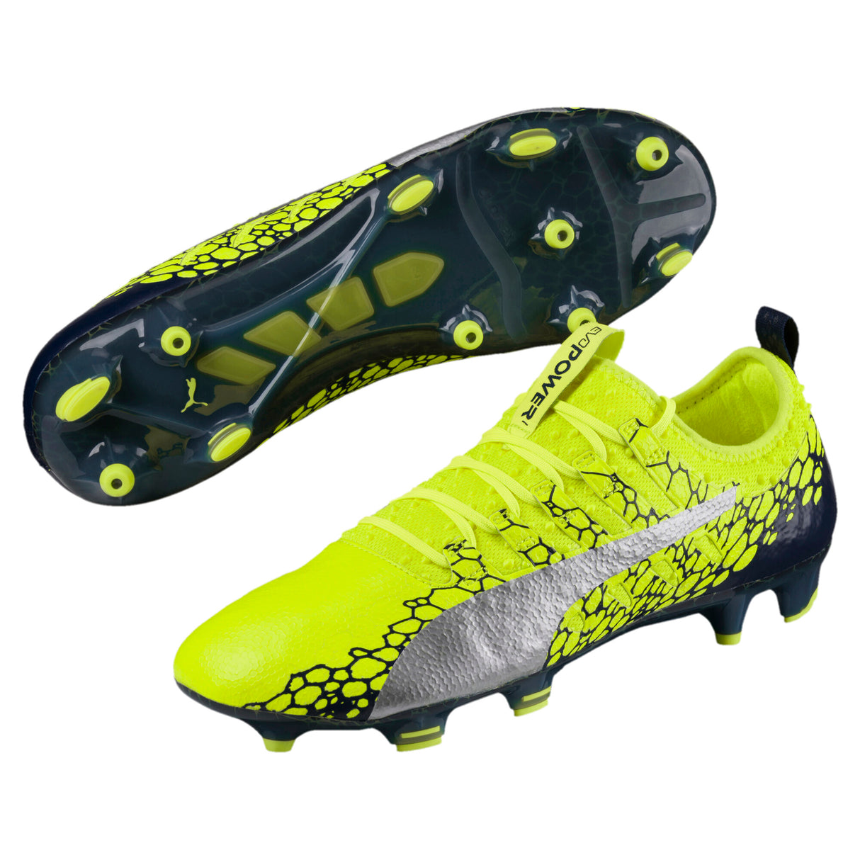 PUMA Evopower Vigor 1 Graphic FG Firm Ground Soccer Cleats - Safety Yellow/Silver