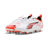 PUMA Ultra 5 Play FG/AG Firm/Multi-Ground Youth Soccer Cleats - White/Black/Glowing Red