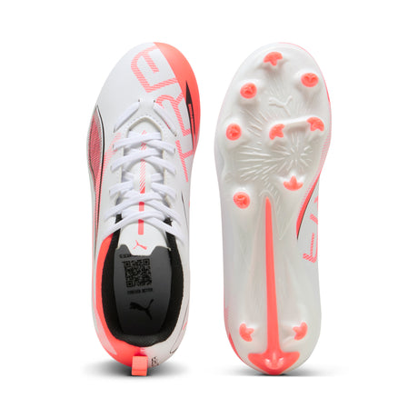 PUMA Ultra 5 Play FG/AG Firm/Multi-Ground Youth Soccer Cleats - White/Black/Glowing Red