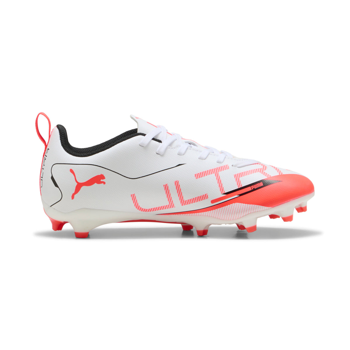 PUMA Ultra 5 Play FG/AG Firm/Multi-Ground Youth Soccer Cleats - White/Black/Glowing Red