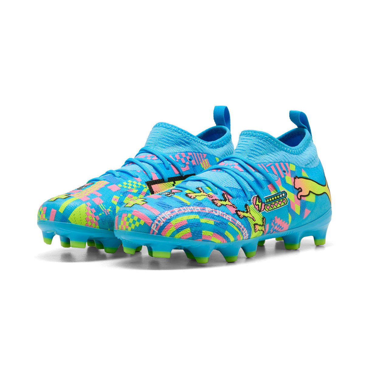 PUMA Future 9 Match Advanced Level FG/AG Firm Ground/Artificial Ground Youth Soccer Cleats - White/Blue/Pink/Yellow