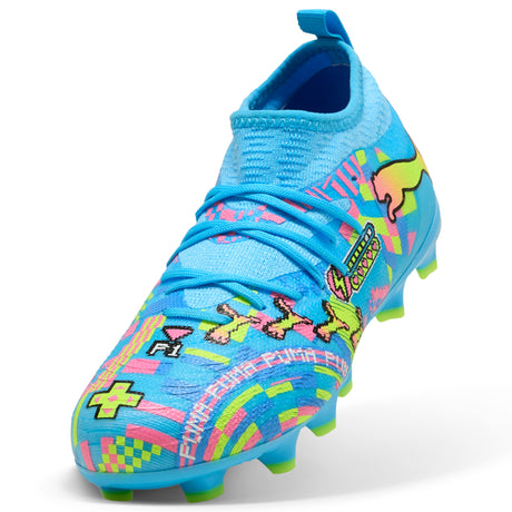 PUMA Future 9 Match Advanced Level FG/AG Firm Ground/Artificial Ground Youth Soccer Cleats - White/Blue/Pink/Yellow