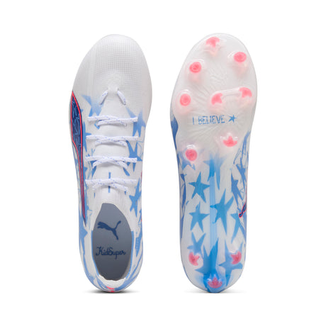 Botas de fútbol PUMA Ultra 6 Match KidSuper X CP FG/AG para hombre, terreno firme/artificial - Blanco/Rosa/Azul