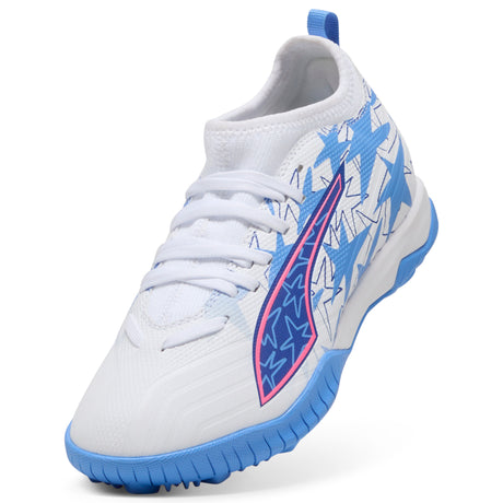 Tacos de fútbol PUMA Ultra 6 Match KidSuper X CP + Mid TT Turf para jóvenes - Blanco/Rosa/Azul