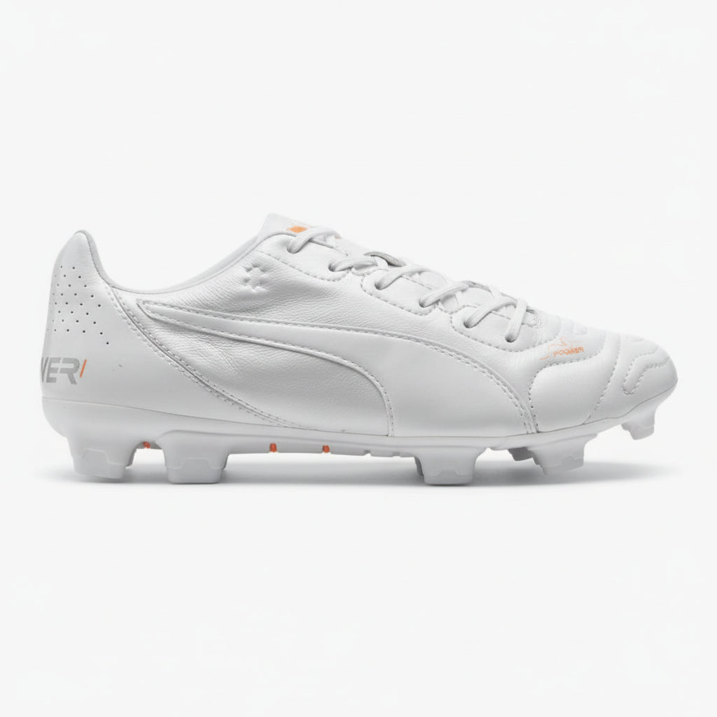 PUMA Evopower 1.2 Leather FG Firm Ground Soccer Cleats - White/Metallic White/Fluo Orange