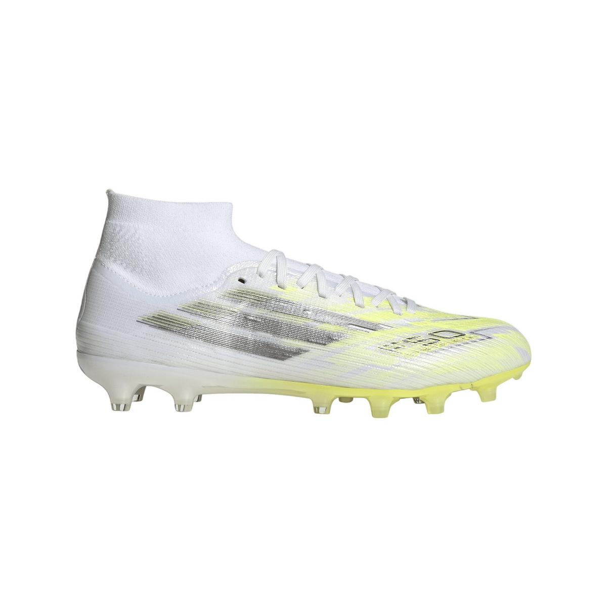 Tacos de fútbol adidas F50 Sparkfusion Pro Mid Cut FG/AG para mujer - Blanco/Hierro/Amarillo