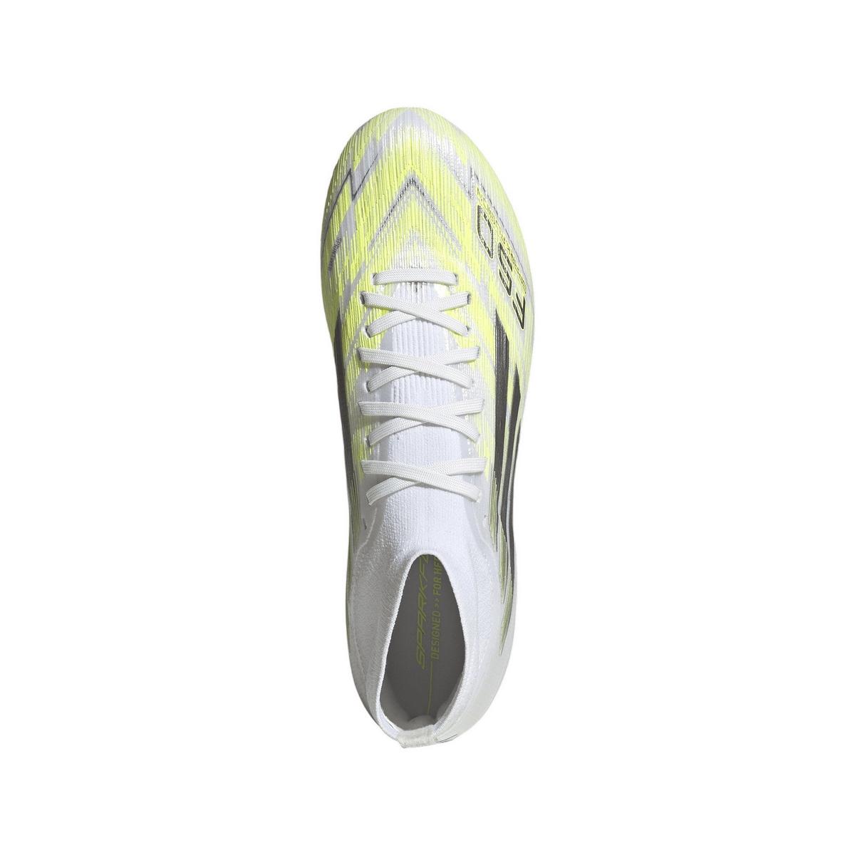Tacos de fútbol adidas F50 Sparkfusion Pro Mid Cut FG/AG para mujer - Blanco/Hierro/Amarillo