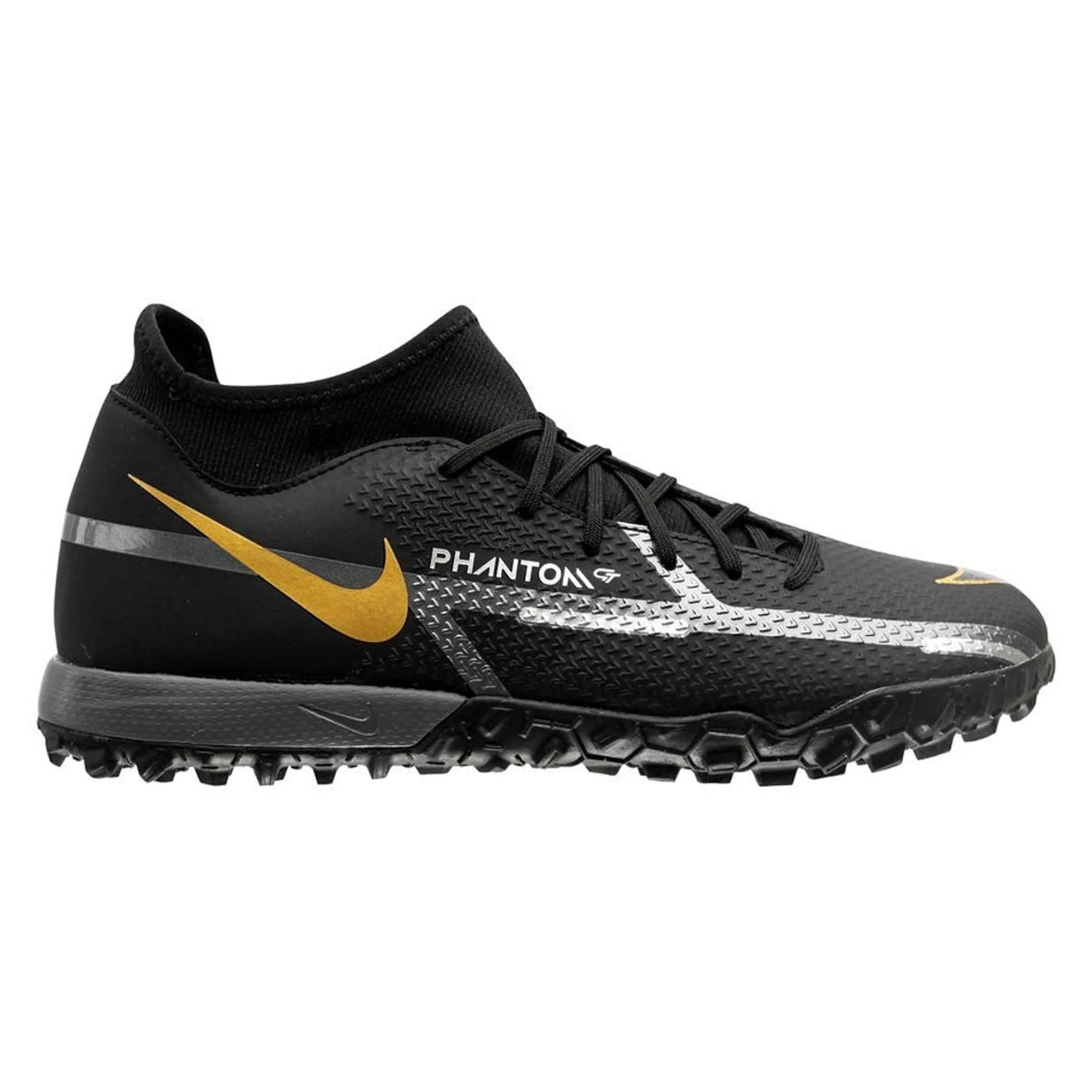 Nike Phantom GT2 Academy DF TF Turf Soccer Cleats - Black/Metallic Dark Grey/Metallic Gold