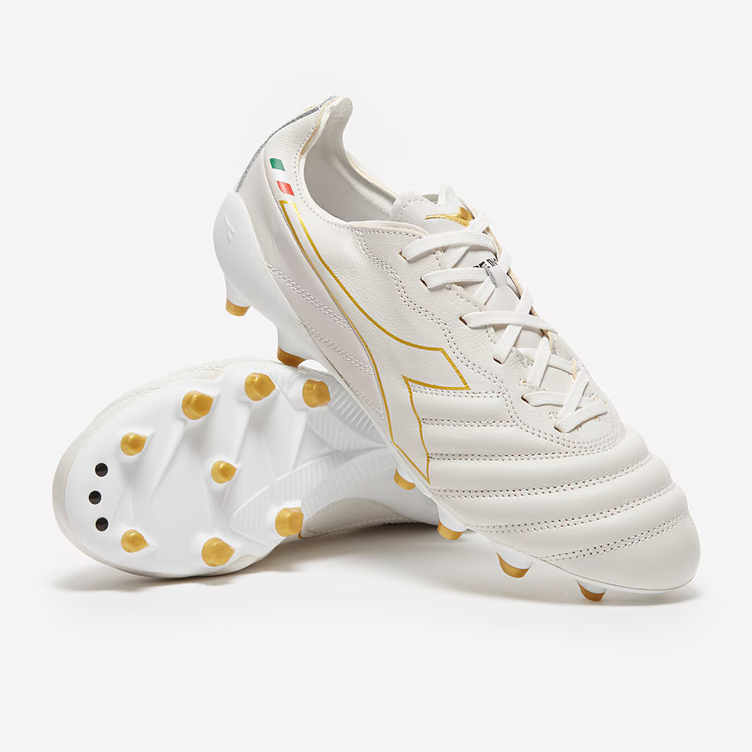 Diadora Brasil Elite Tech Made in Italy LPX FG Botas de fútbol para terreno firme - Blanco/Dorado