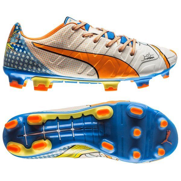 PUMA Evopower 1.2 FG Firm Ground Soccer Cleats - White/Orange Clownfish/Electric Blue Lemonade