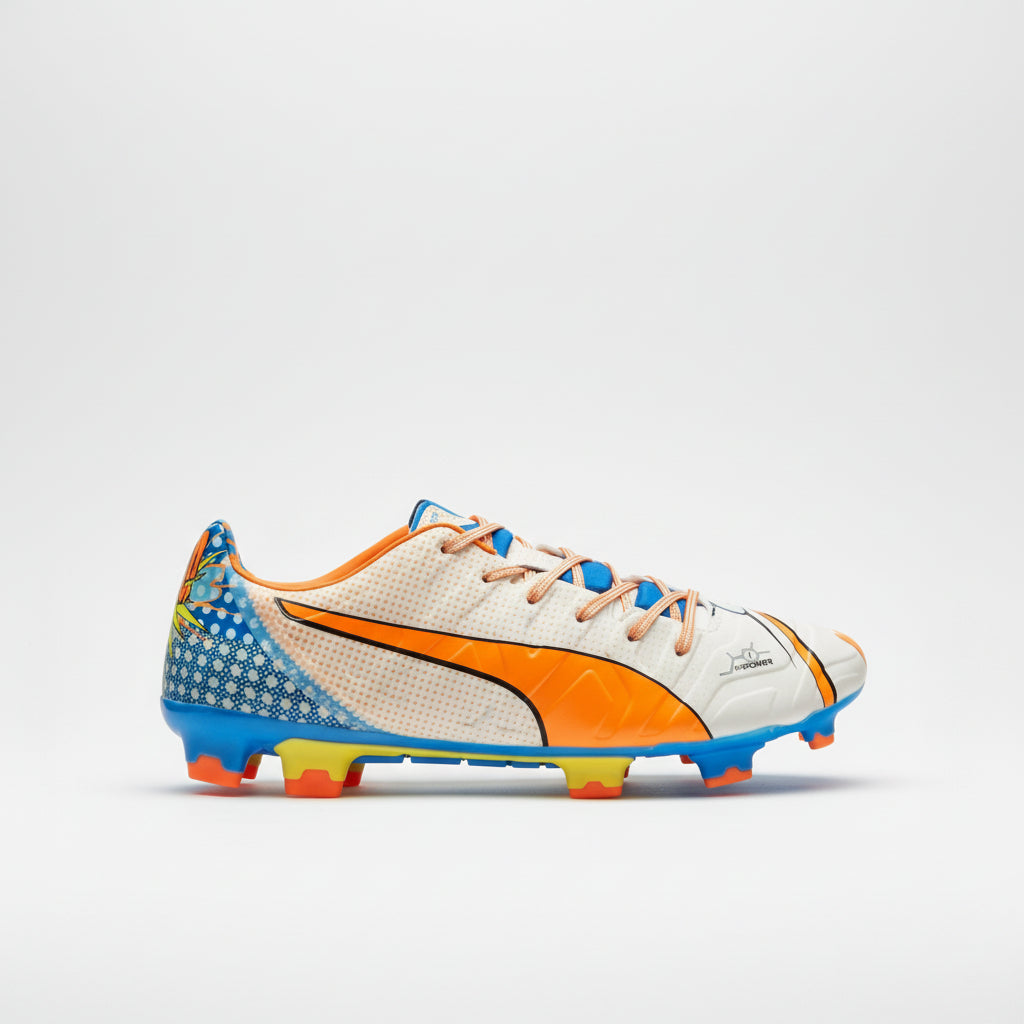 PUMA Evopower 1.2 FG Firm Ground Soccer Cleats - White/Orange Clownfish/Electric Blue Lemonade