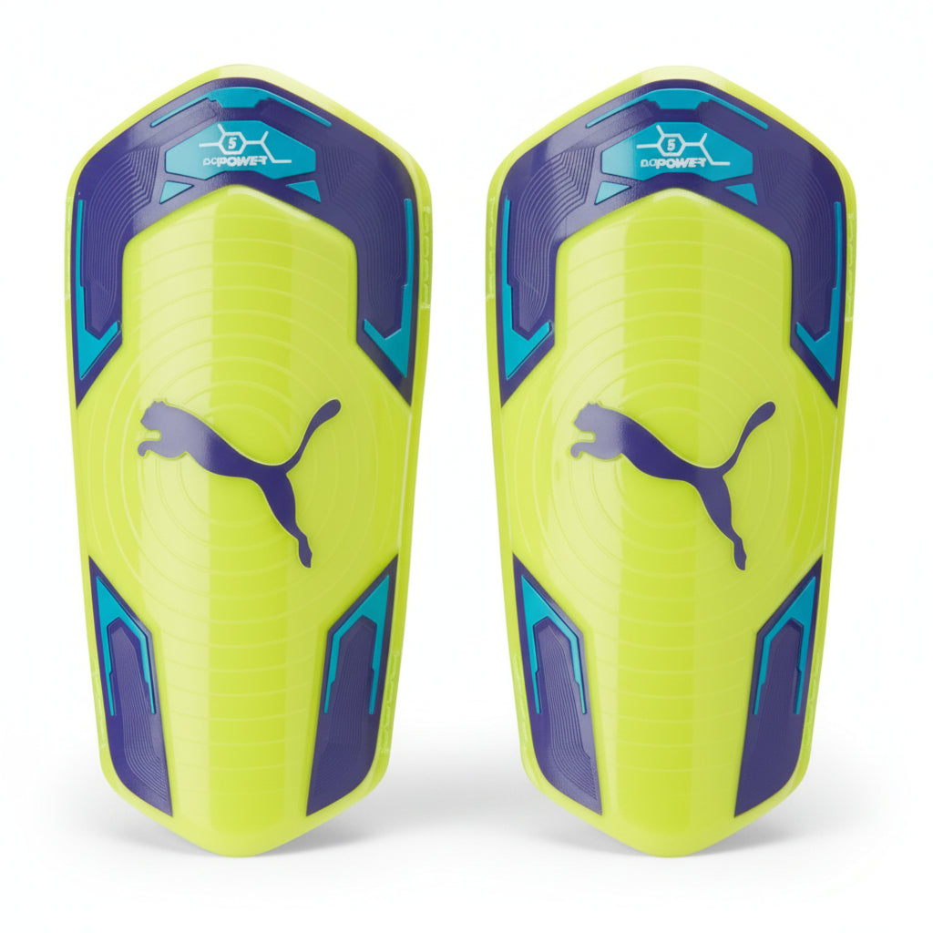 Espinilleras de fútbol PUMA Evopower 5 - Amarillo seguridad/Azul atómico