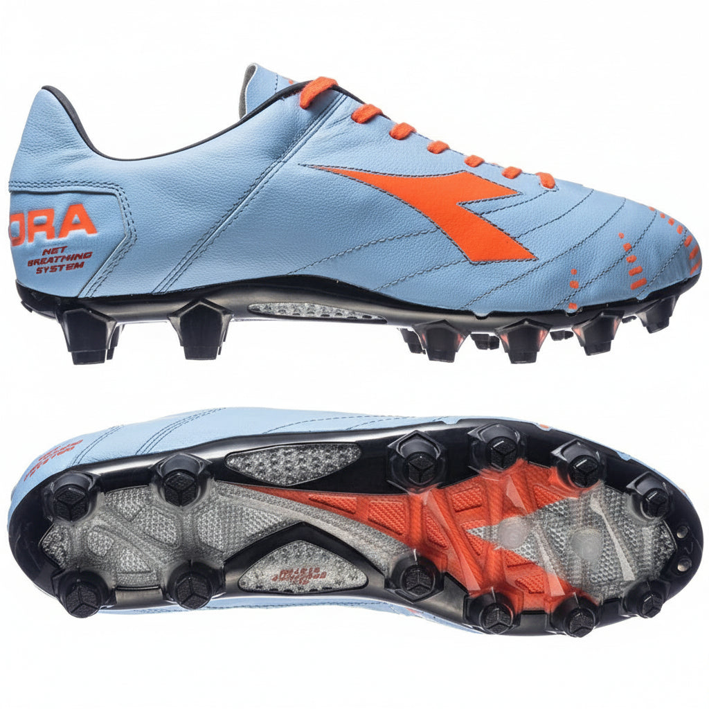 Diadora Evoluzione K-Leather Pro FG Firm Ground Soccer Cleats - Powder Blue/Red