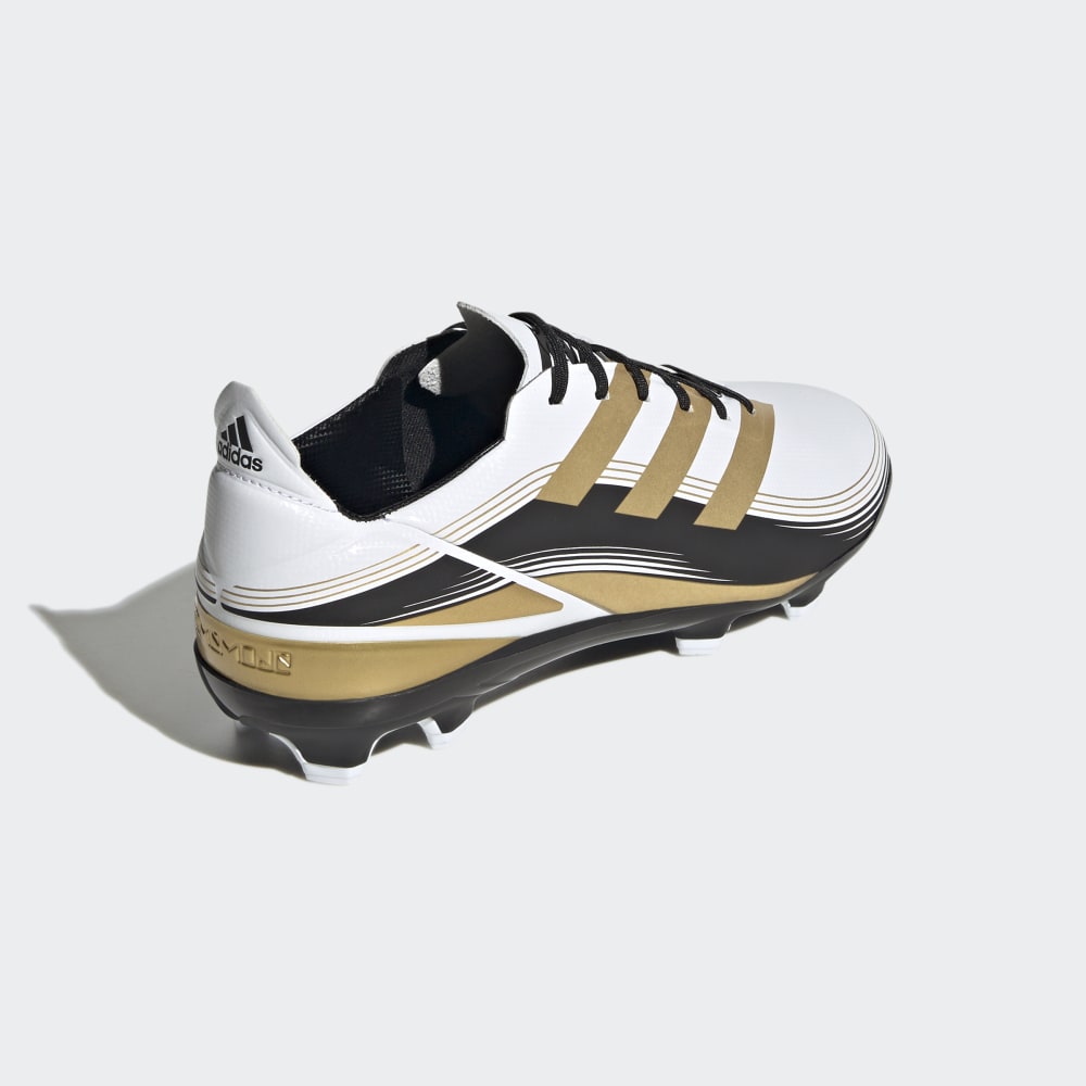 Botas de fútbol para terreno firme adidas Game Mode FG J para niños en blanco, dorado y negro