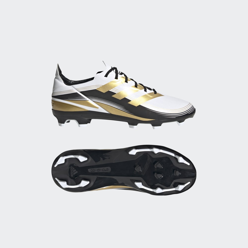 Botas de fútbol para terreno firme adidas Game Mode FG J para niños en blanco, dorado y negro