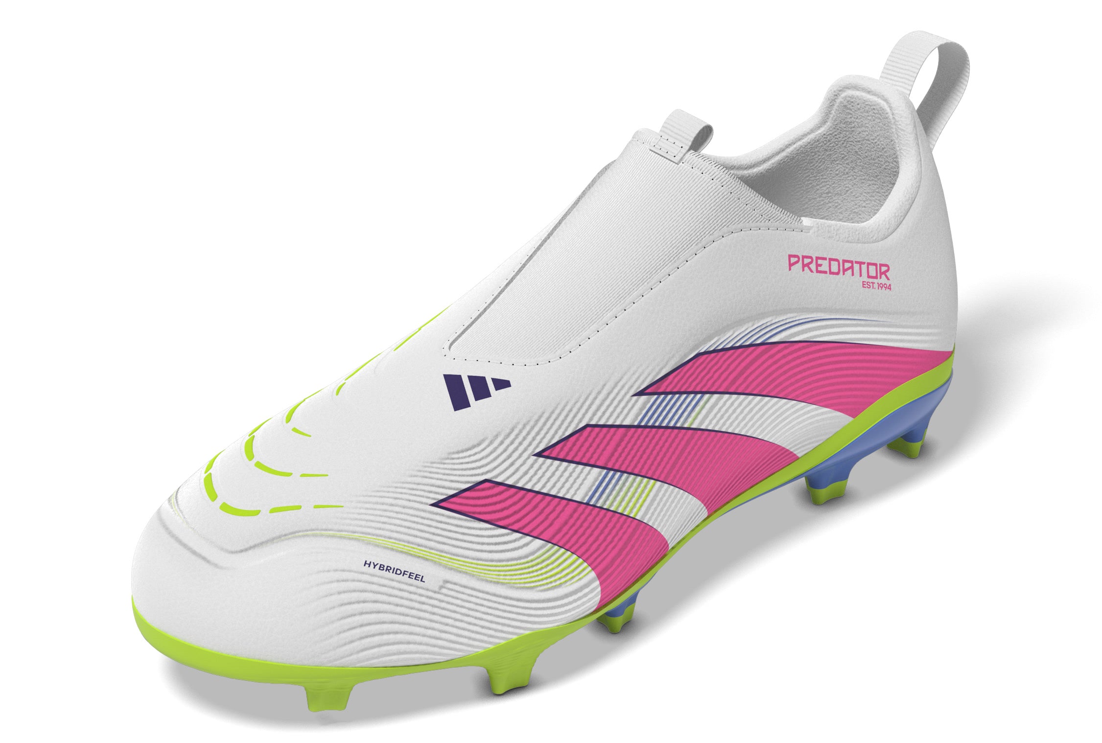 Botas de fútbol adidas Predator League sin cordones para terreno firme y múltiple para niños, color blanco y rosa