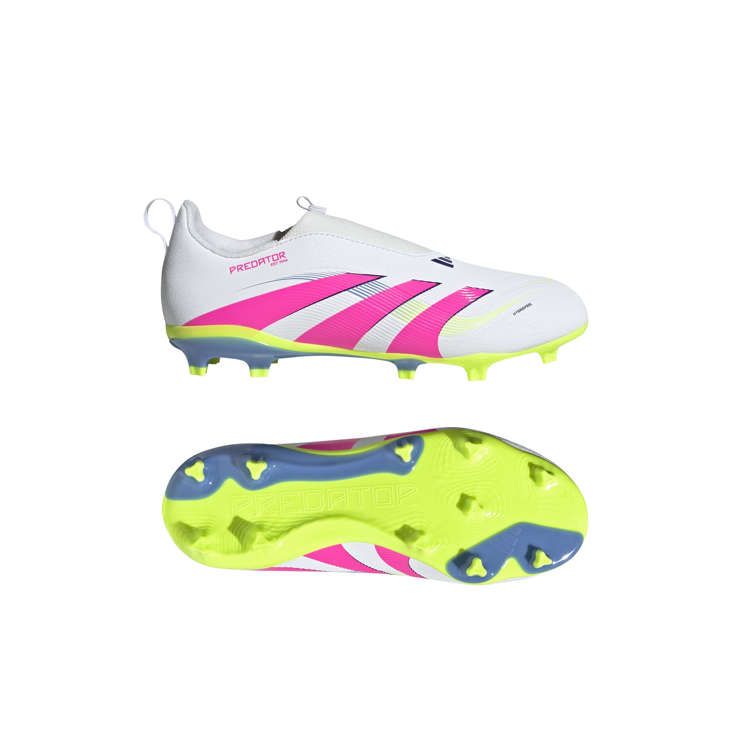 Botas de fútbol adidas Predator League sin cordones para terreno firme y múltiple para niños, color blanco y rosa
