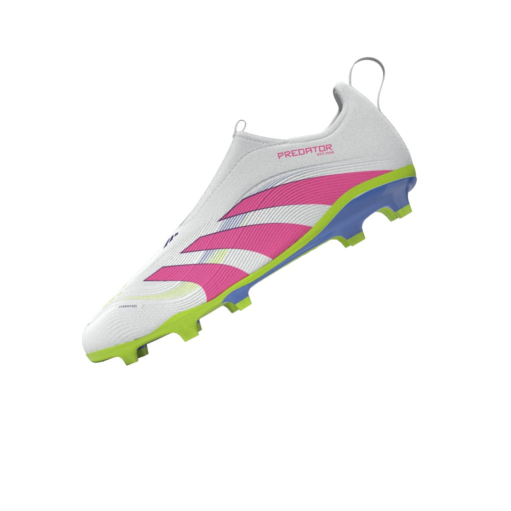 Botas de fútbol adidas Predator League sin cordones para terreno firme y múltiple para niños, color blanco y rosa