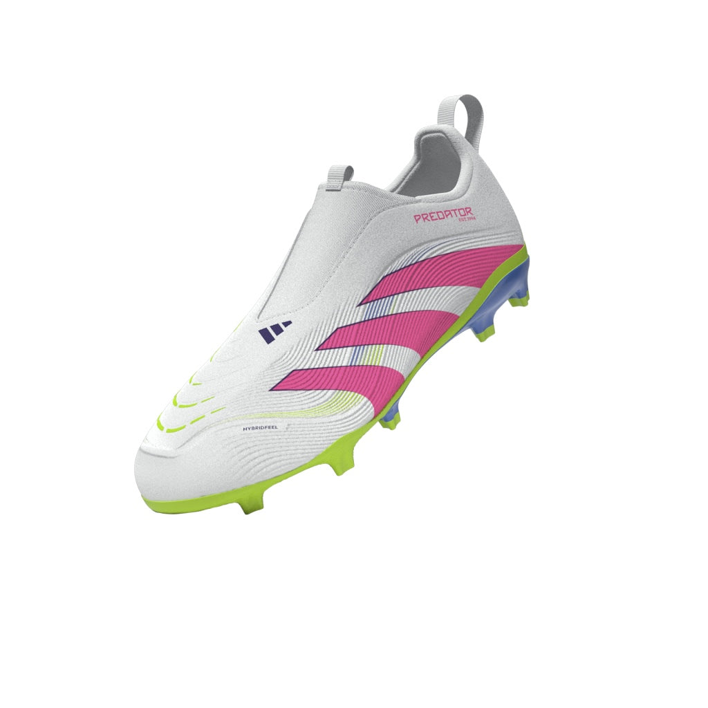 Botas de fútbol adidas Predator League sin cordones para terreno firme y múltiple para niños, color blanco y rosa