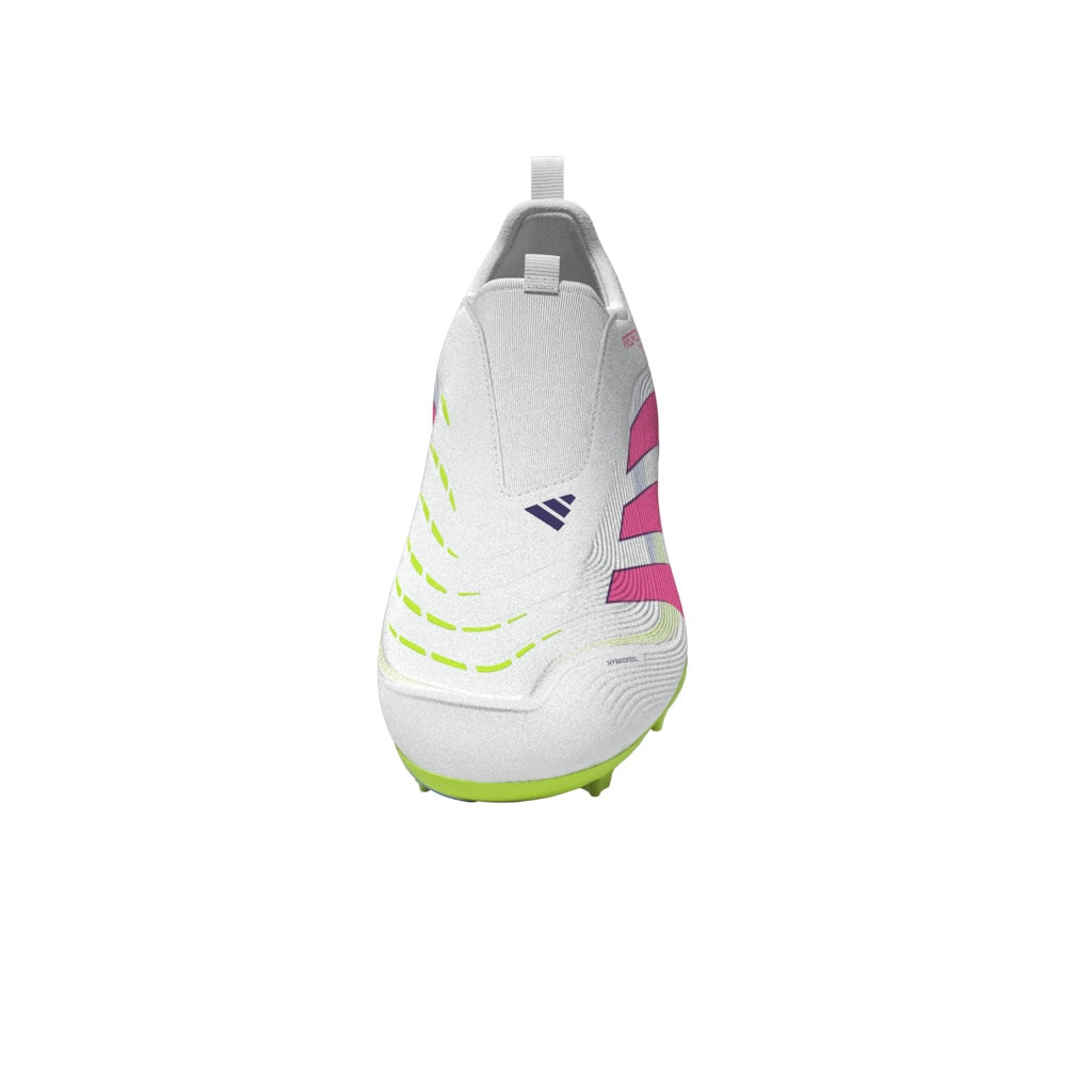 Botas de fútbol adidas Predator League sin cordones para terreno firme y múltiple para niños, color blanco y rosa