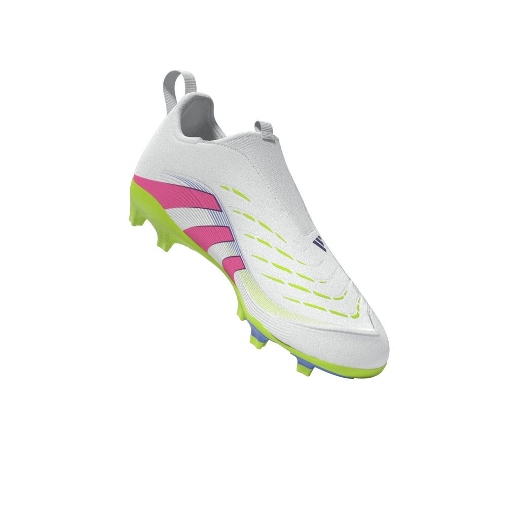 Botas de fútbol adidas Predator League sin cordones para terreno firme y múltiple para niños, color blanco y rosa