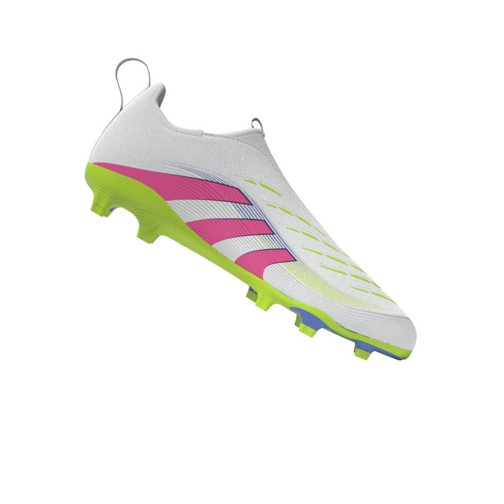 Botas de fútbol adidas Predator League sin cordones para terreno firme y múltiple para niños, color blanco y rosa