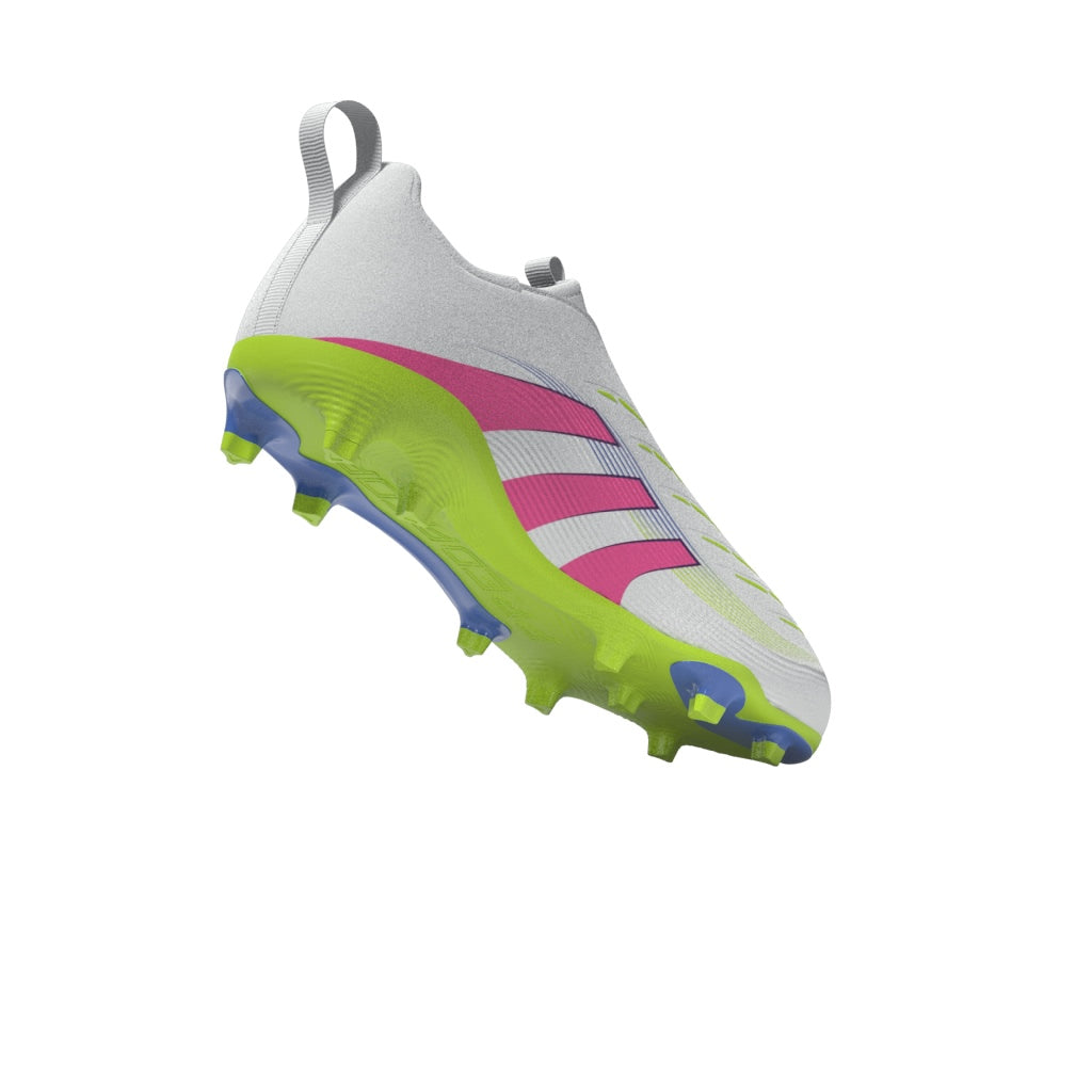 Botas de fútbol adidas Predator League sin cordones para terreno firme y múltiple para niños, color blanco y rosa