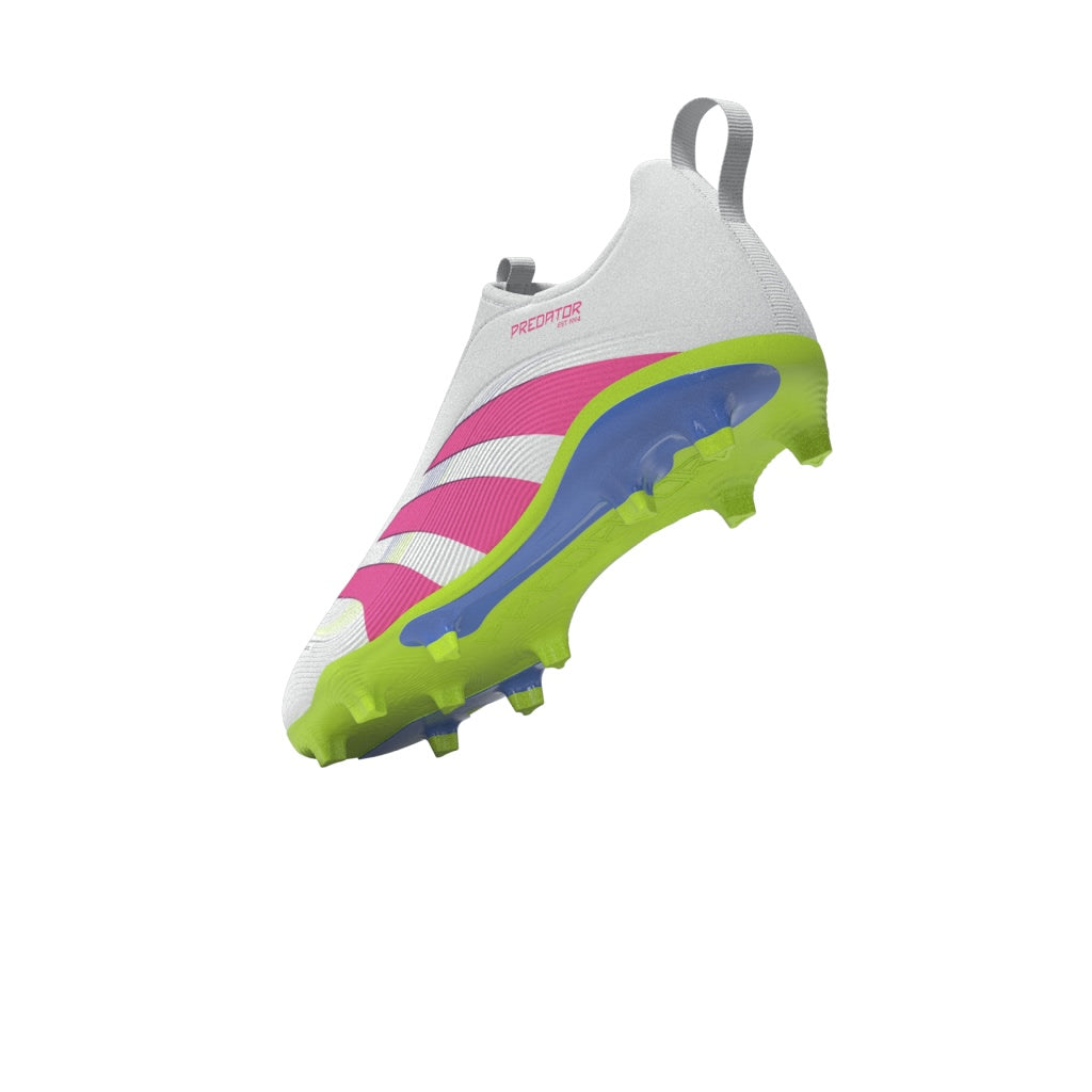 Botas de fútbol adidas Predator League sin cordones para terreno firme y múltiple para niños, color blanco y rosa